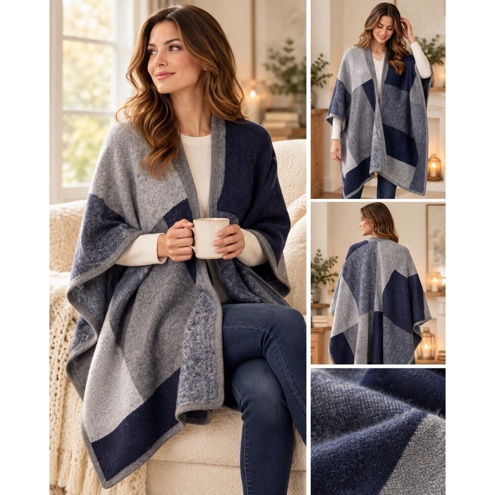 Jon & Anna Contemporary Poncho Wrap O/S Navy Gray Geometric Colorblock NWT